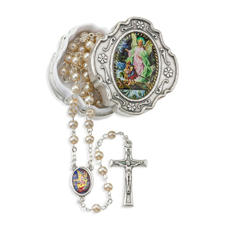 White Pearlized Glass Bead Rosary in Guardian Angel Box