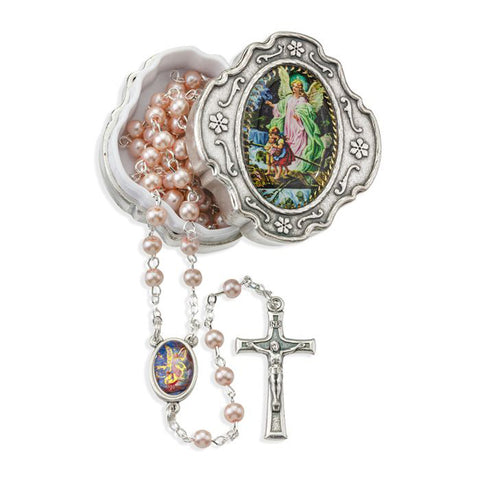 Pink Pearlized Rosary in Guardian Angel Box
