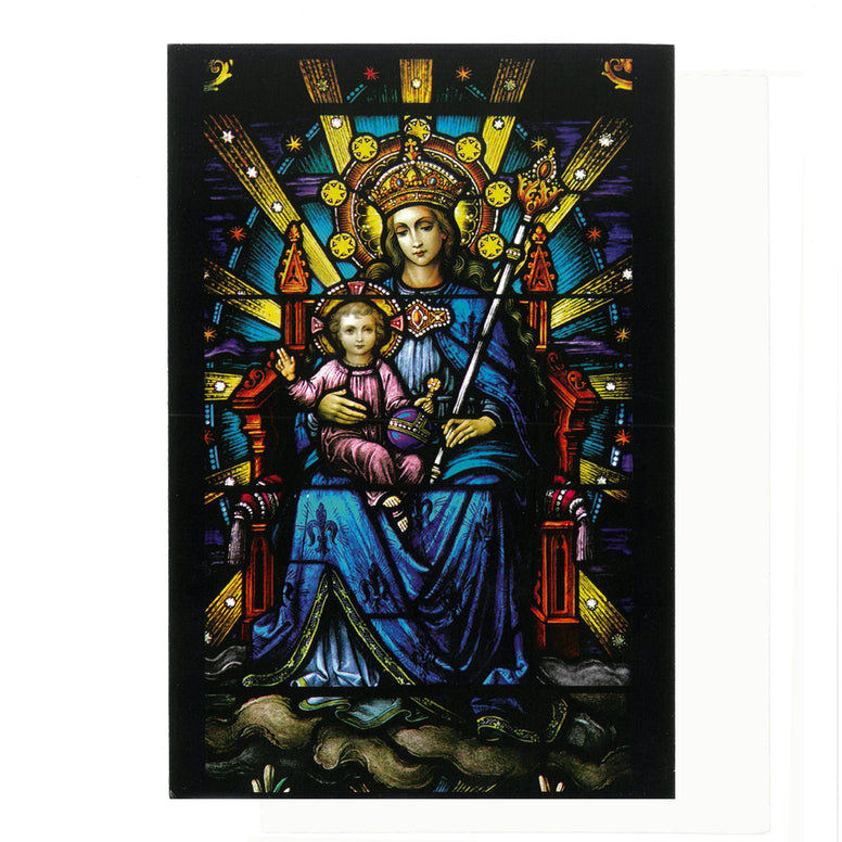 Postcard of stained glass window at Mount St. Michael of Our Lady, Queen of the Society of Jesus. 