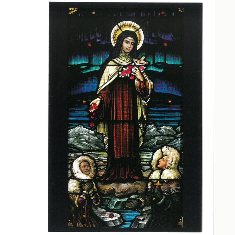 Postcard of stained glass window of St. Therese at Mount St. Michael in Spokane, Washington.