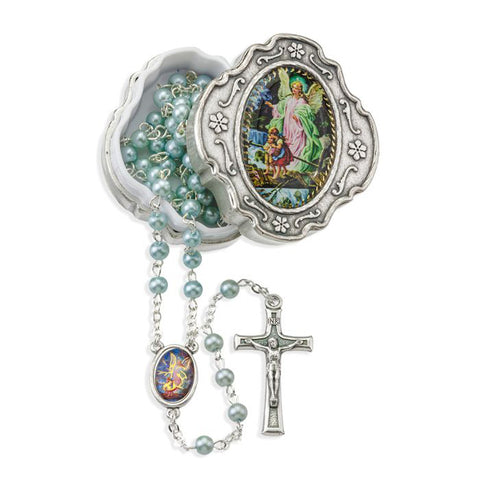 Blue Pearlized Rosary with Guardian Angel Box