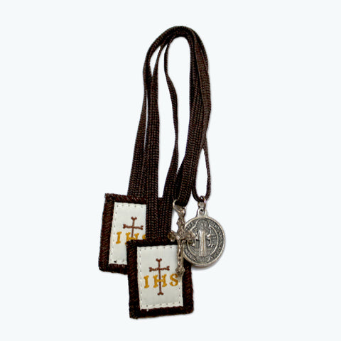 Brown Scapular with Crucifix and St. Benedict Medal