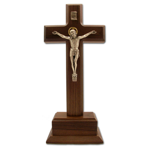 Walnut Standing Crucifix with Silver Corpus: 10"