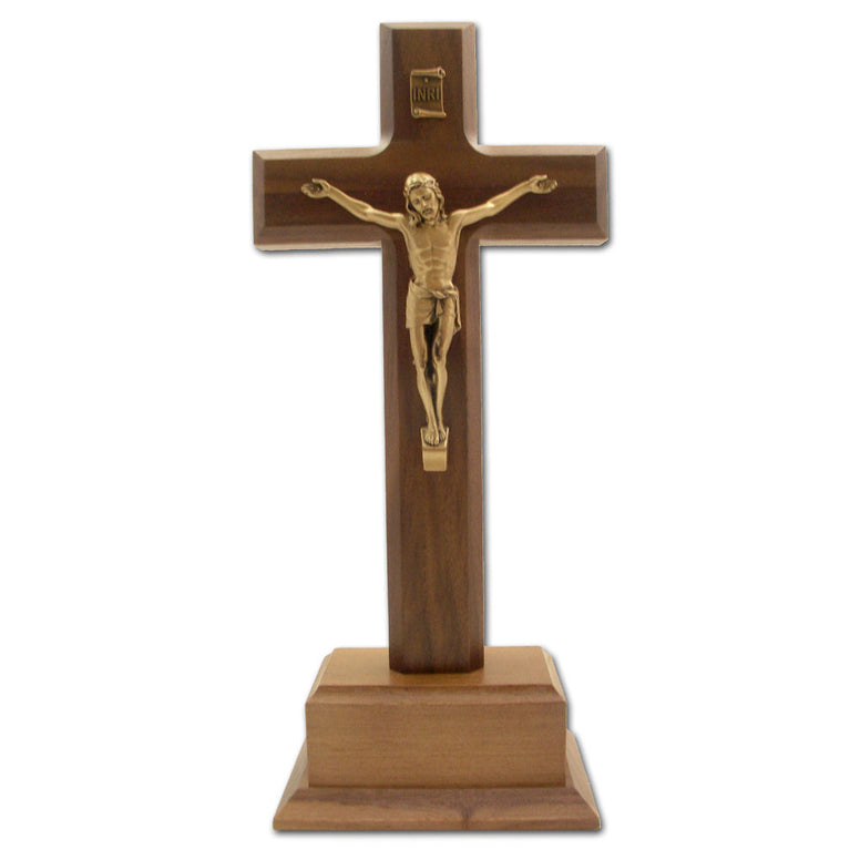 Walnut Standing Crucifix with Gold Corpus: 10"