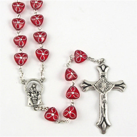 Ruby Etched Heart Rosary