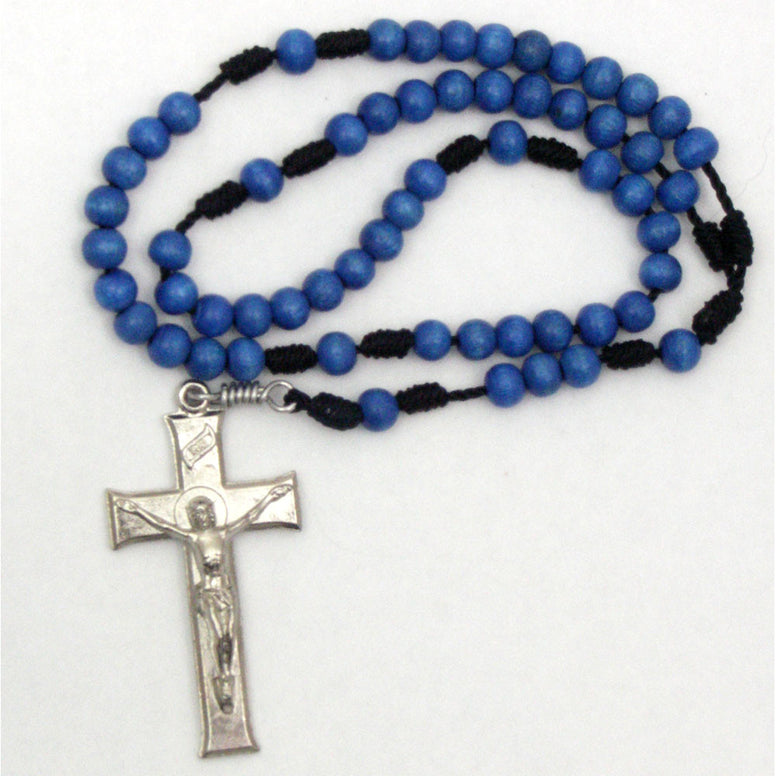 Blue Wood Cord Rosary: Metal Crucifix