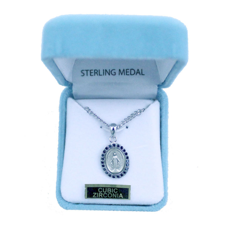 Miraculous Medal with Cubic Zirconia: 18" chain